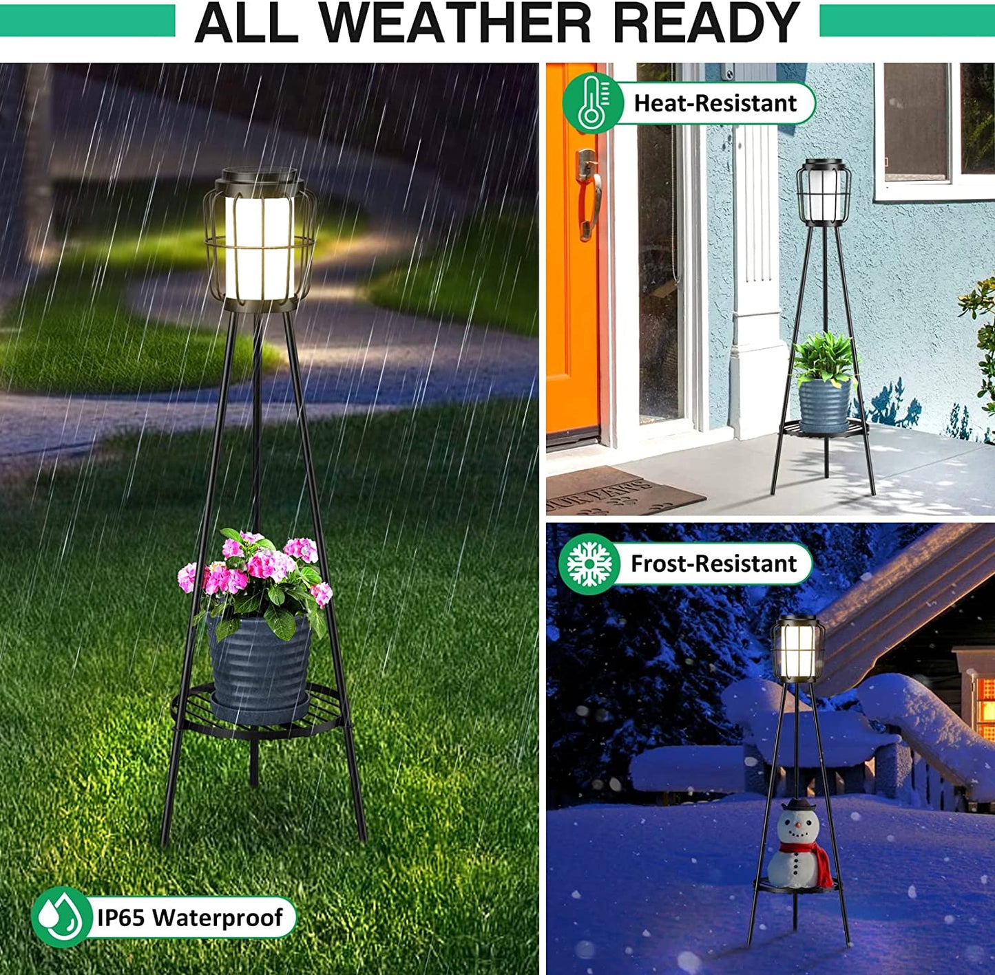 Metal Solar Floor Lamps Outdoor with Plant Stand, 2 Pack Waterproof Solar Lantern Lights for Patio Deck Yard Garden Porch (Black)