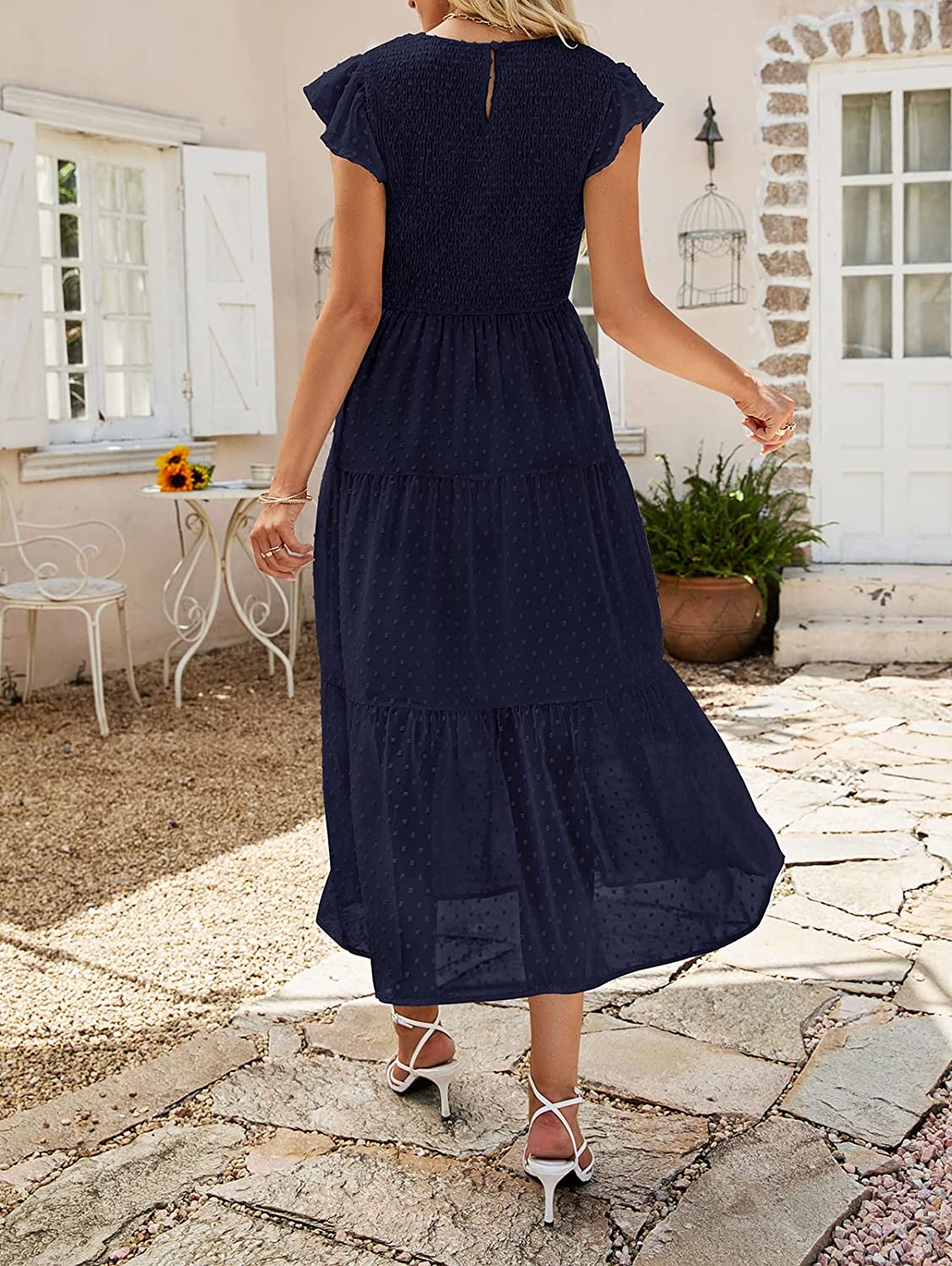 Women's Summer Flutter Short Sleeve Smocked Midi Dress Swiss Dot Flowy Tiered Dresses