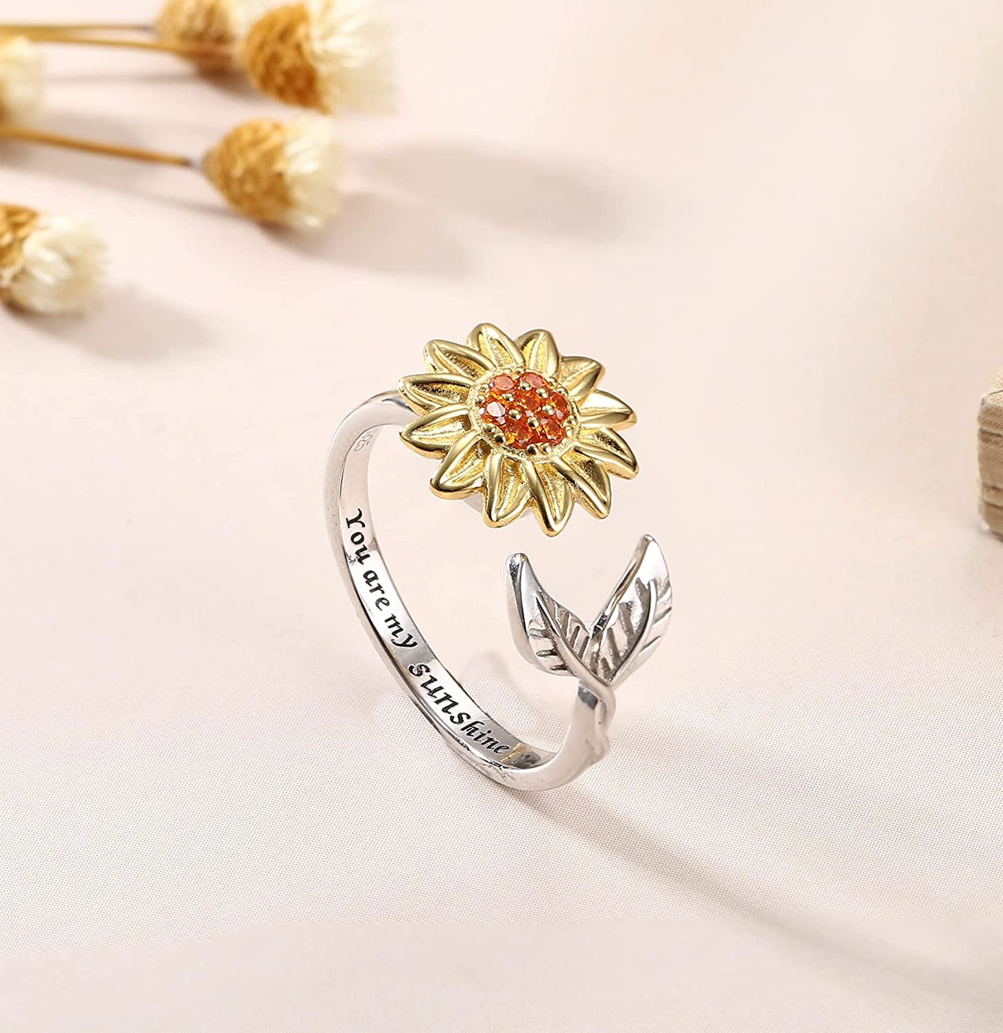Jewenova Sterling Silver Fidget Ring for Women Sunflower Spinner Ring You are My Sunshine Ring Open Adjustable Ring CZ Ring Heart Star Daisy Stress Relieving Ring Christmas Jewelry Gift Women Girl