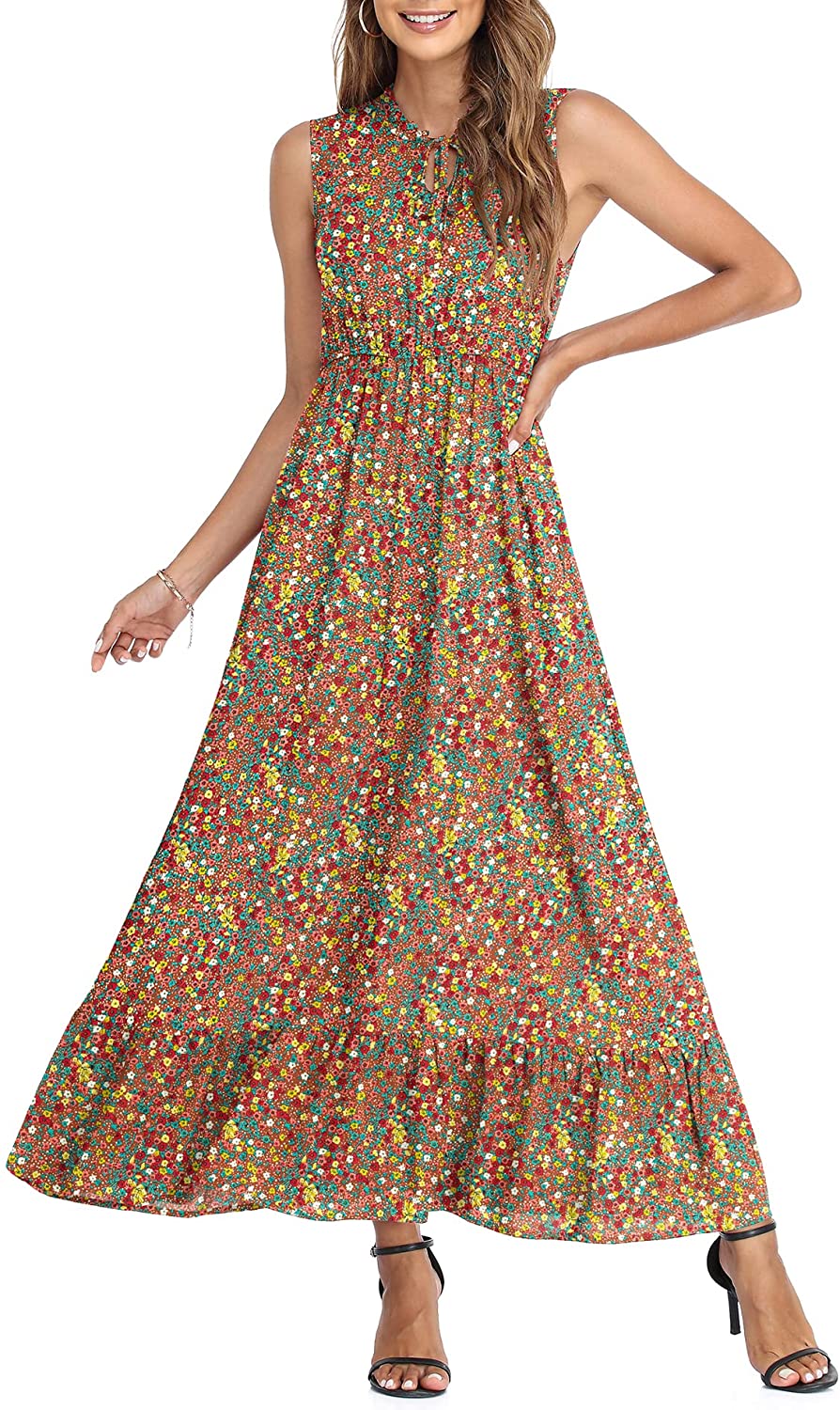 Women's Sleeveless Summer Tie Neck High Waist Casual Boho Dress Floral Print Ruffle Hem Long Beach Maxi Dresses