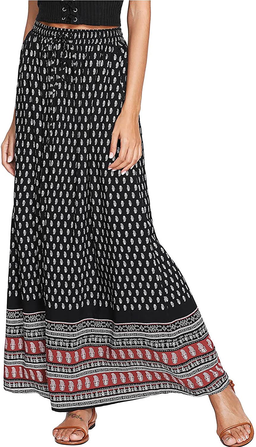 Women's Boho Vintage Print Pockets Side A Line Maxi Skirt