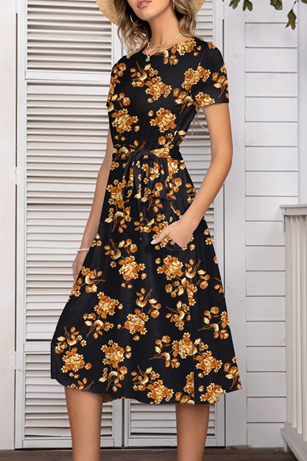 Women's Short Sleeve Striped Casual Flowy Midi Belt Dress with Pockets