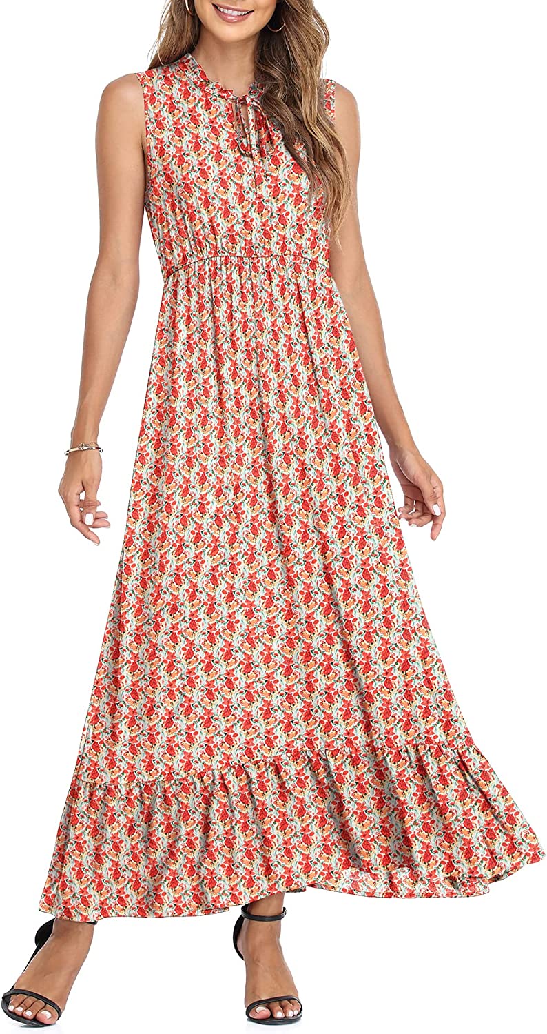 Women's Sleeveless Summer Tie Neck High Waist Casual Boho Dress Floral Print Ruffle Hem Long Beach Maxi Dresses
