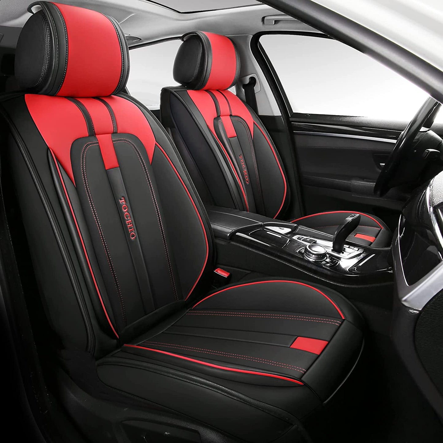 Car Seat Covers Full Set with Waterproof Eco-Friendly Leather, Car Accessories, Universal Automotive Seat Protector Fits for Most Sedans SUV Pick-up Truck (Black-White)
