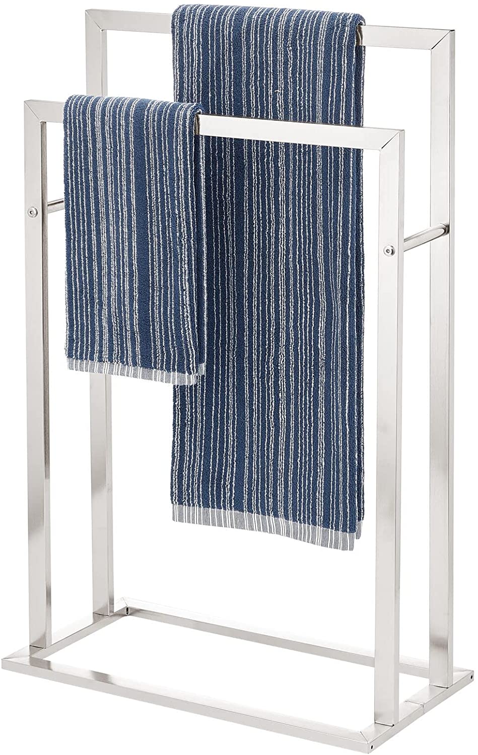 mDesign Metal Tall 2-Tier Free-Standing Towel Rack Holder for Bathroom Storage and Organization, Floor Stand Holds Bath, Hand Towels; Great for Guest, Half, Kids' Bathrooms - Chrome