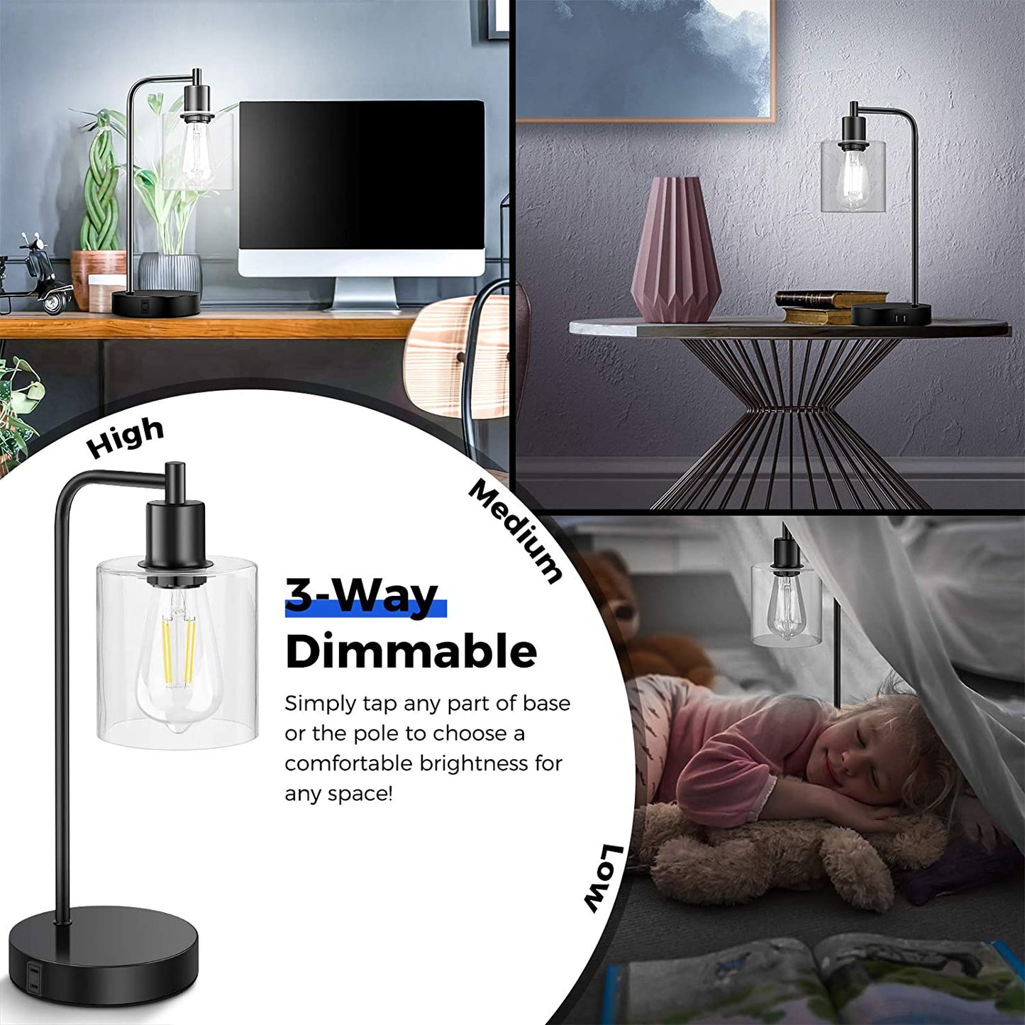 Set of 2 Industrial Touch Control Table Lamps with 2 USB Ports and AC Outlet, 3-Way Dimmable Bedside Nightstand Reading Lamps with Glass Shade for Bedroom Office, Daylight White LED Bulbs Included
