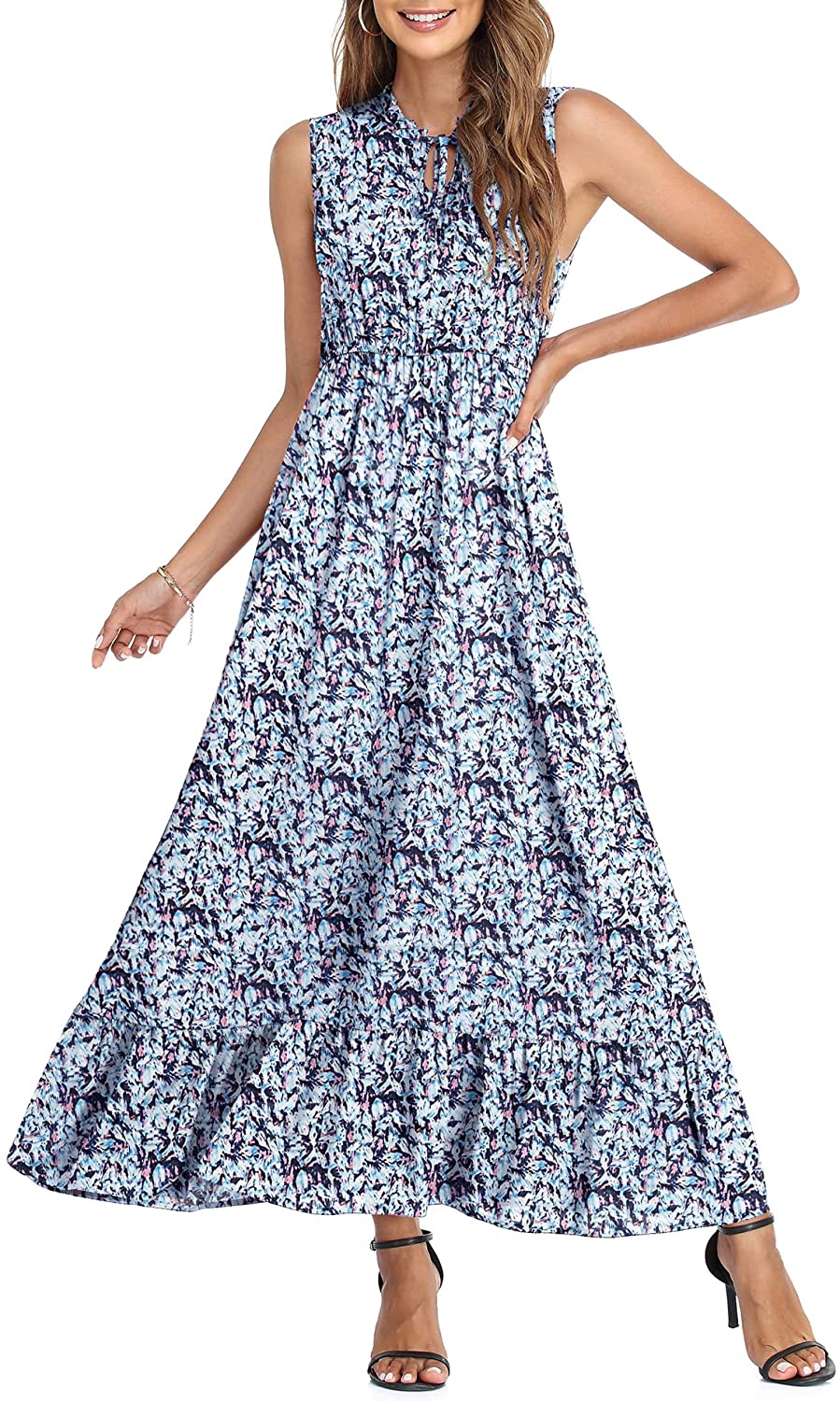 Women's Sleeveless Summer Tie Neck High Waist Casual Boho Dress Floral Print Ruffle Hem Long Beach Maxi Dresses