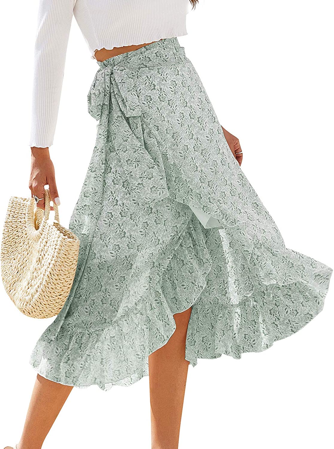 Womens Boho Floral Print High Waisted Wrap Skirts Ruffle Hem Tie Knot Summer Chiffon Flowy Midi Skirts
