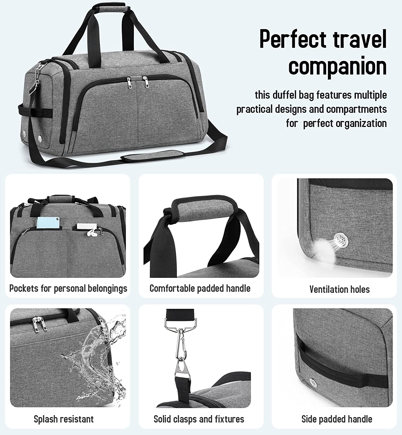 Gym Bag for Women & Men,Travel Duffel Bag for Sports, Gyms and Weekend Getaway, Waterproof Dufflebag with Wet Pocket & Shoes Compartment,Lightweight Carryon Gymbag (Dark gray)