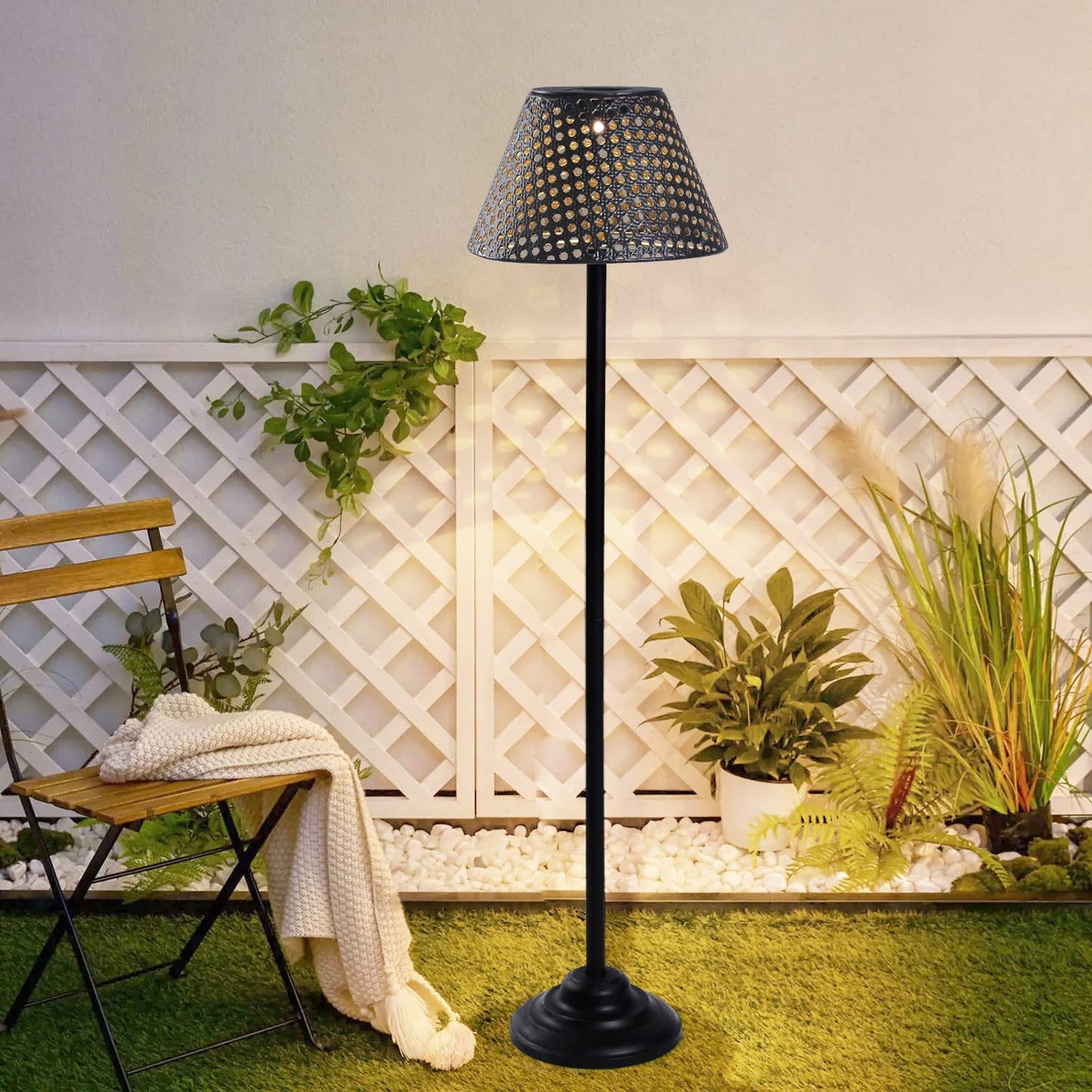 Solar Powered Patio Floor Lamp Outdoor Big Lantern Decorative Lights,Metal Deck Lamp Outdoor Cordless Path Light for Patio Lawn Yard Balcony Landscape(Black)