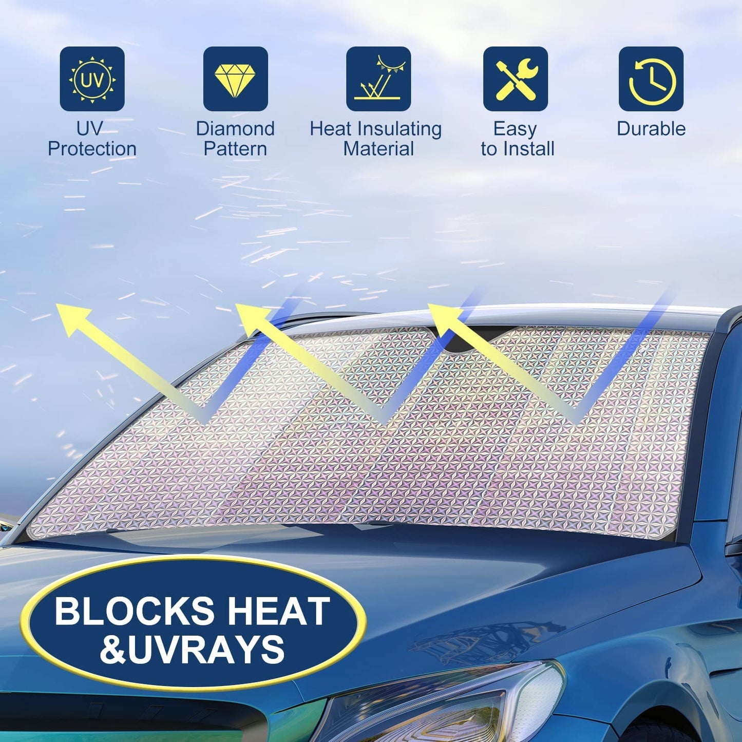 Car Windshield Sunshade, Accordion Foldable Front Windshield Sun Shade 5-Layer UV Protection Auto Sun Visor Cover Iridescent Bling Diamond Pattern Heat Reflector (54 x 27.5 Inch)