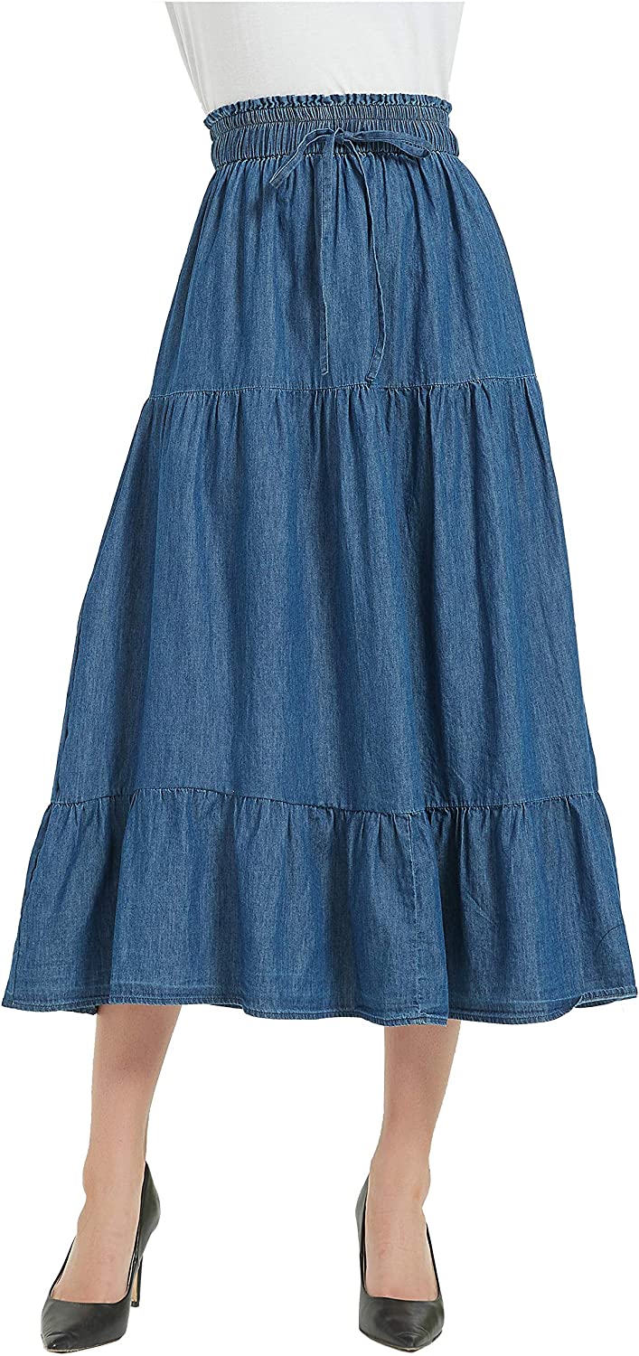 Womens A Line Long Midi Denim Skirt Tired Pleated Layers Elastic Waist Front Drawstring