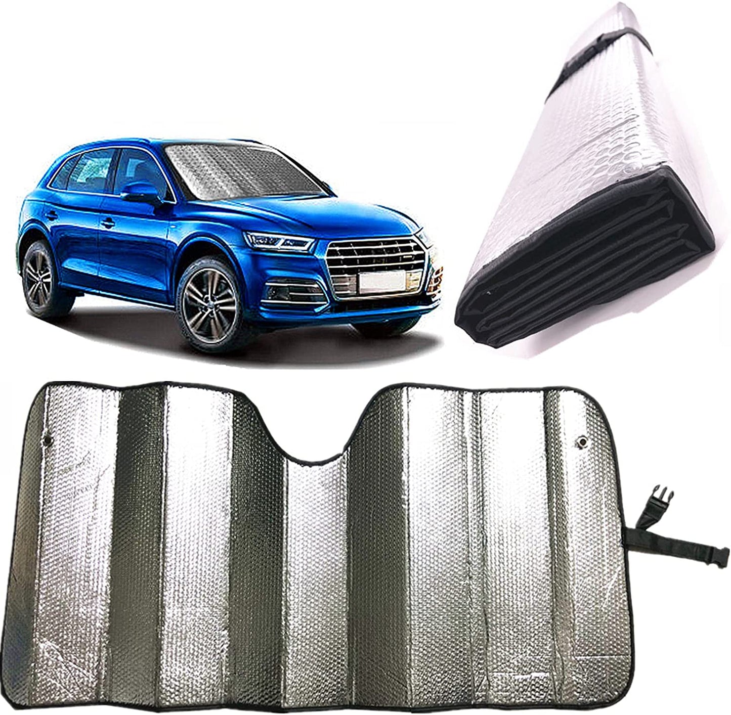 Car Windshield Sunshade-Thicken 5-Layer Bubble Block Heat and Sun UV Rays,Front Windshield Sun Shade,Sun Visor for Car- Keeps Your Vehicle Cool - 58 x 27.5 Inch (Blue)