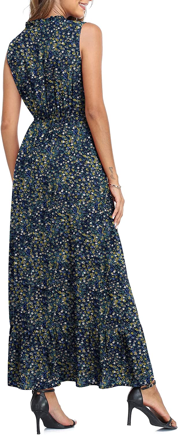 Women's Sleeveless Summer Tie Neck High Waist Casual Boho Dress Floral Print Ruffle Hem Long Beach Maxi Dresses