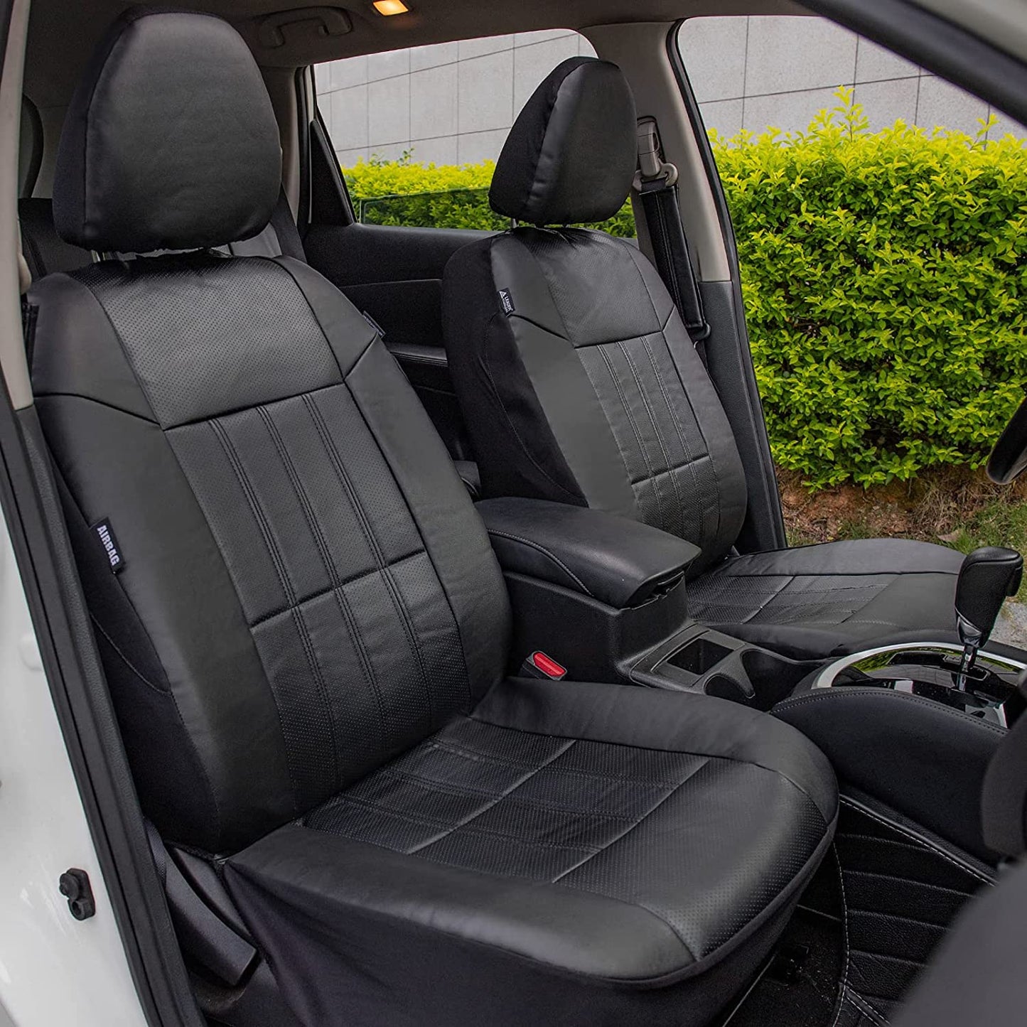 Leader Accessories 17pcs Black Faux Leather Car Seat Covers Full Set Front + Rear with Airbag Universal Fits for Trucks SUV Included Steering Wheel Cover / Seat Belt Covers