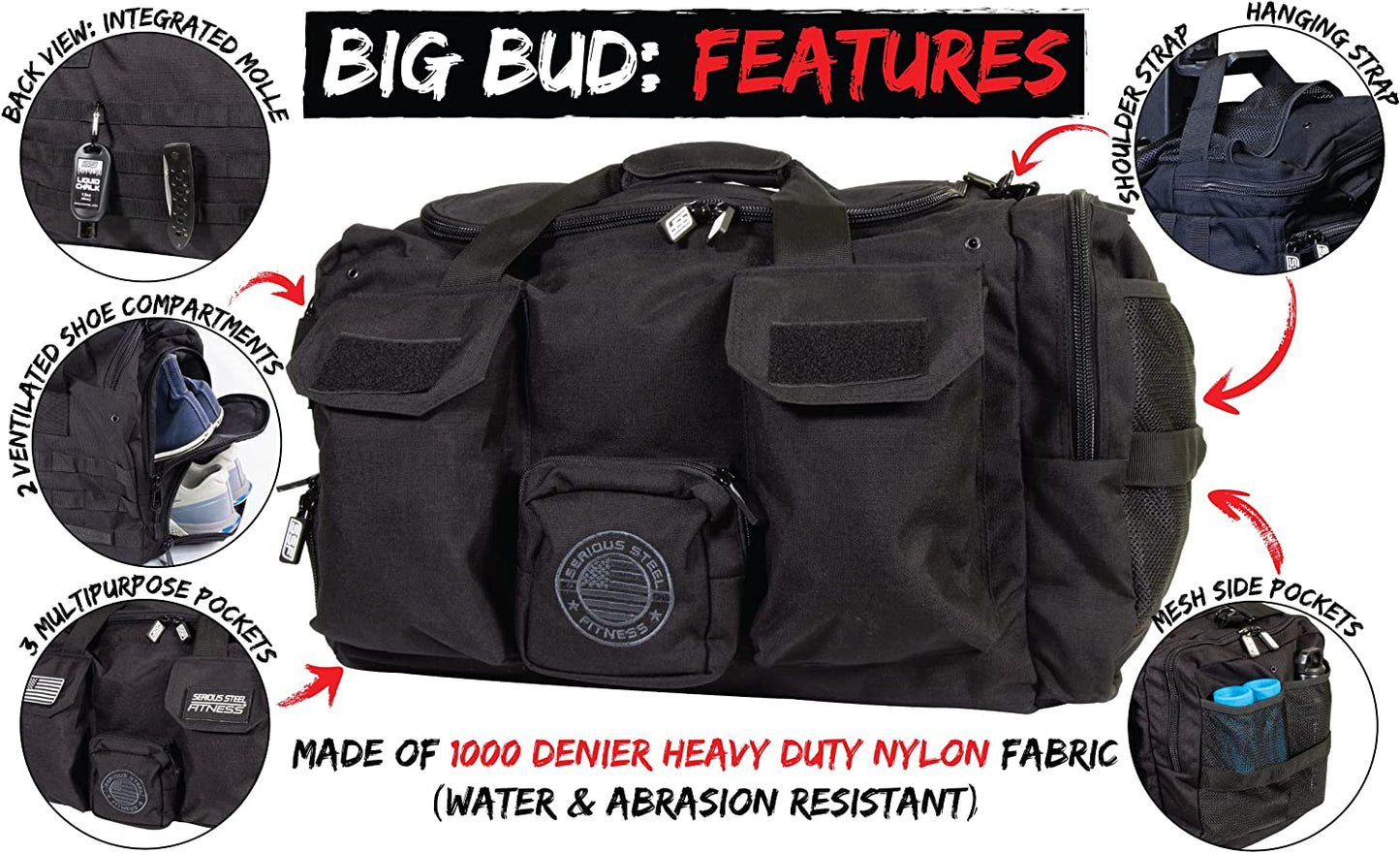 Serious Steel Fitness Gym Bag | 1000D Nylon Duffel Bag | Heavy Duty (Black - Big Bud)