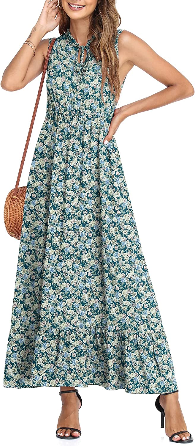 Women's Sleeveless Summer Tie Neck High Waist Casual Boho Dress Floral Print Ruffle Hem Long Beach Maxi Dresses
