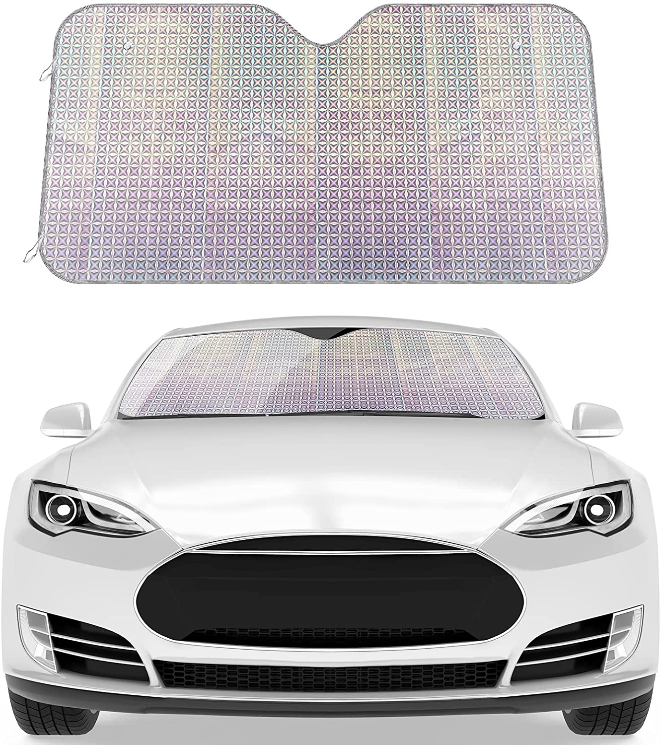 Car Windshield Sunshade, Accordion Foldable Front Windshield Sun Shade 5-Layer UV Protection Auto Sun Visor Cover Iridescent Bling Diamond Pattern Heat Reflector (54 x 27.5 Inch)