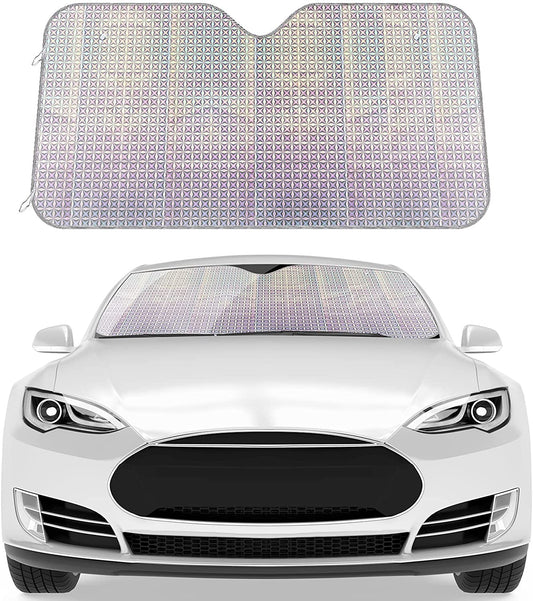 Car Windshield Sunshade, Accordion Foldable Front Windshield Sun Shade 5-Layer UV Protection Auto Sun Visor Cover Iridescent Bling Diamond Pattern Heat Reflector (54 x 27.5 Inch)