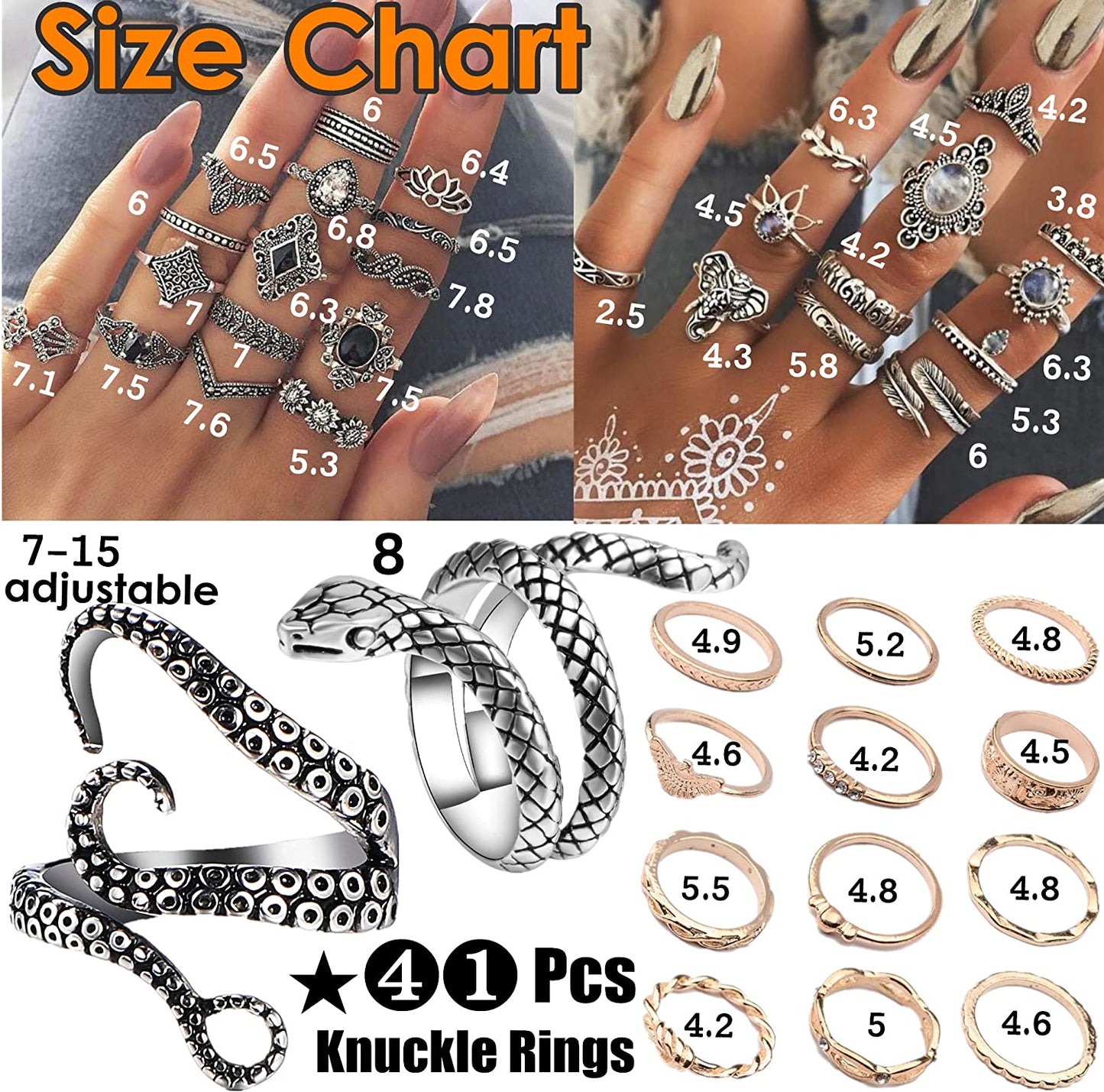41Pc Fashion Boho Knuckle Rings Set for Women Girls Men, Vintage Retro Crystal Bohemian Midi Rings, Joint Nail Band Cuff Toe Statement Finger Rings, Snake Octopus Elephant Feather (41 Pcs a set)