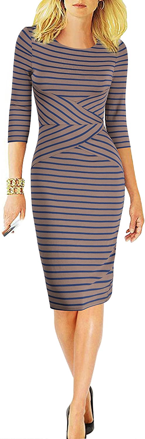 Women 3/4 Sleeve Striped Wear to Work Business Cocktail Pencil Dress