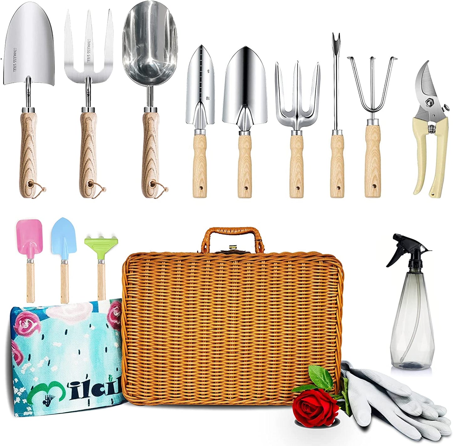 Milcil Garden Tool Set, 16 Piece Stainless Steel Heavy Duty Gardening Tool Set, with Wood Grip, Storage Box, Ideal Garden Tool Kit Gift for Women/Parent/Children