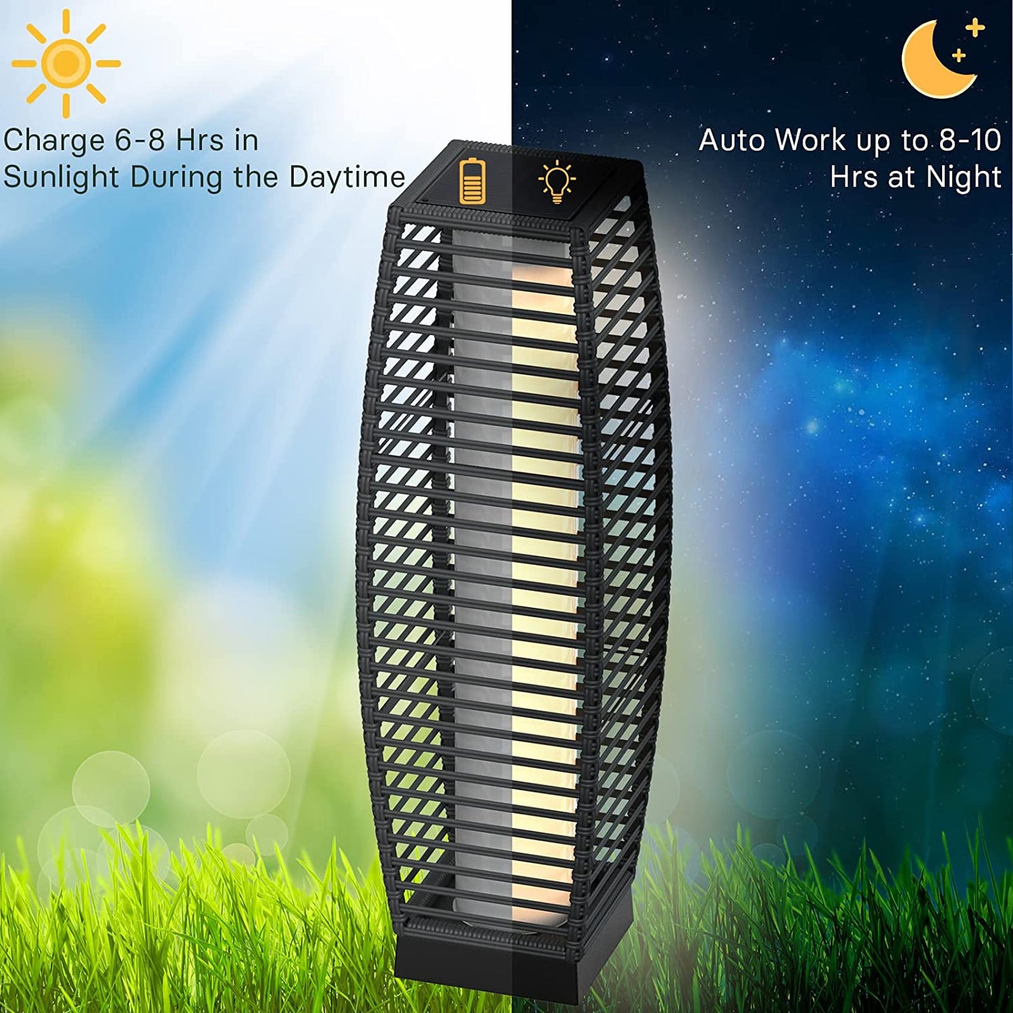Grand patio Outdoor Solar-Powered Resin Wicker Light, Backyard Decoration, Floor Lamp, Garden and Deck (Black-Large Crossover )