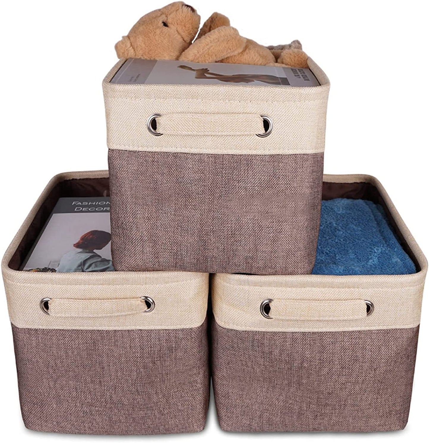 HOSEN Storage Basket Set 3 Pack Large 14 L x 10 W x 9 H - Collapsible Cotton Basket with 2 Handles Organizer Basket Bin Box for Organizing Shelf Nursery Home Closet (Coffee)