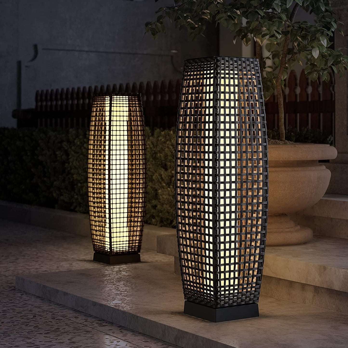 Grand patio Outdoor Solar-Powered Resin Wicker Light, Backyard Decoration, Floor Lamp, Garden and Deck (Black-Large Crossover )