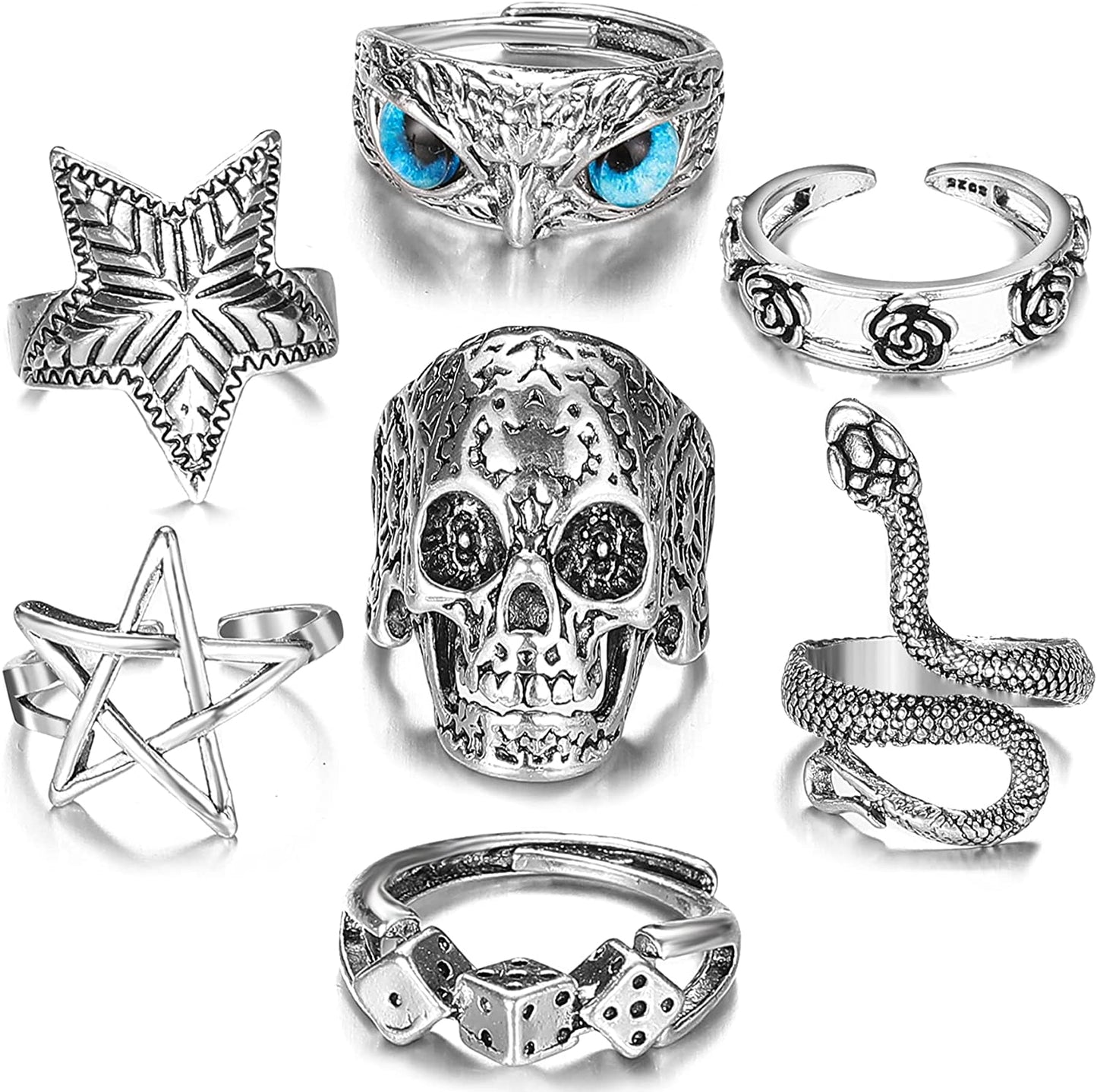 Vintage Silver Chain Punk Finger Rings for Men Women Girls,Cool Gothic Hip Pop Adjustable Full Four Open Rings,Statement Stackable Rings Set,Skull Snake Butterfly Flower Heart Eboy Emo Y2K Ring Set