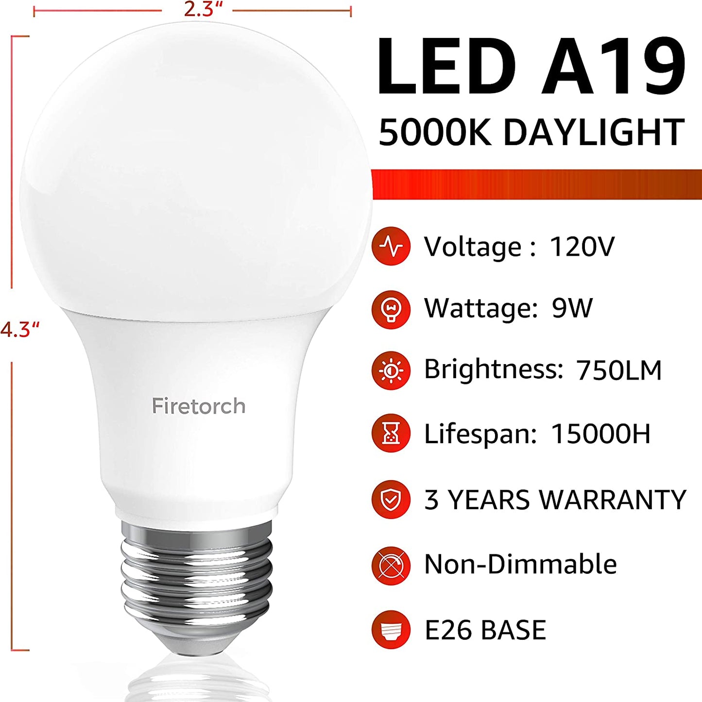 Firetorch A19 Led Bulb,9 W 60W Equivalent, E26 Led Light Bulbs Standard Replacement Bulb 750 Lumen,Non-Dimmable, UL Listed (5000K,4 Pack)
