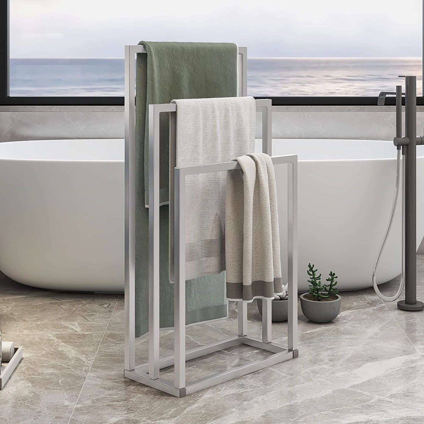 3 Tiers Metal Freestanding Towel Rack Chrome Modern Washcloths Holder Brown Drying Rack, Organizer for Hand Towels Bathroom Storage,Organization Next to Tub or Shower,Bathroom Accessories
