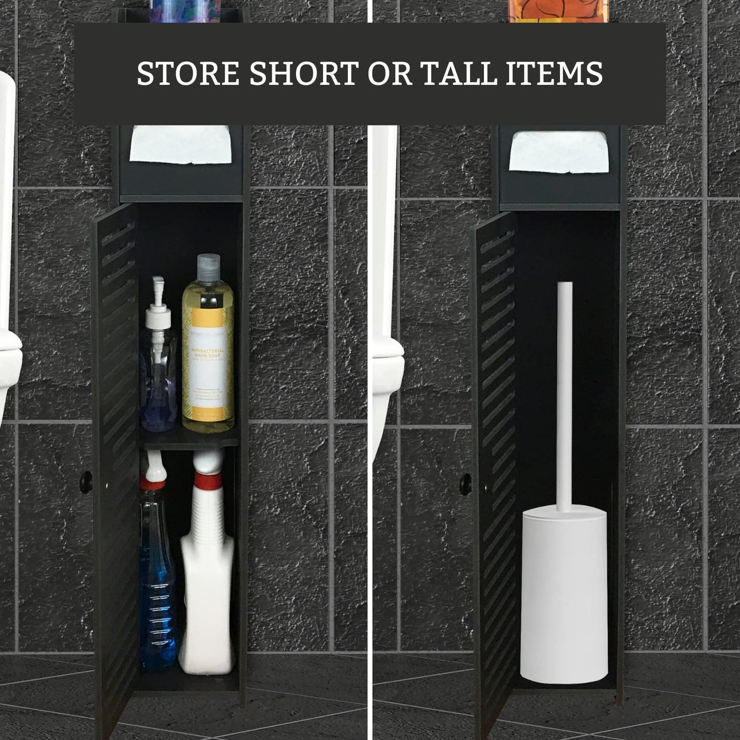 Slim Bathroom Storage Organizer, Water Resistant Floor Storage Cabinet with Doors, Bathroom Organizer for with Toilet Paper Dispenser Inside Shelves for Toilet Paper, Towels, Cleaning Supplies (BLACK)