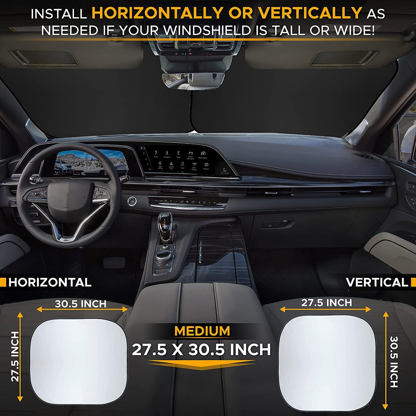 2-Piece Car Windshield Sun Shade | Durable 240T Polyester Sun Shield for Front Window Blocks UV Rays | Foldable Automotive Interior Accessories for Sun Protection | Medium (27.5 x 30.5 inches)