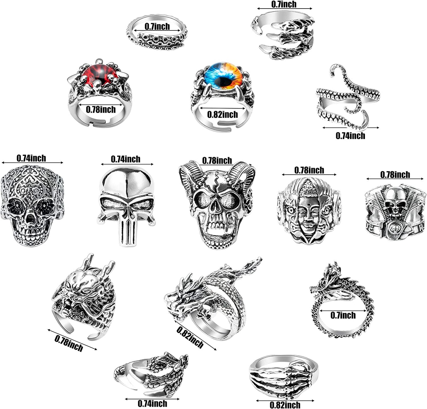 15Pcs Vintage Punk Rings Set, Gothic Alloy Biker Adjustable Rings, Skeleton Skull Evil Eye Chinese Dragon Claw Octopus Dragon Rings, Fashion Retro Black Silver Antique Jewelry