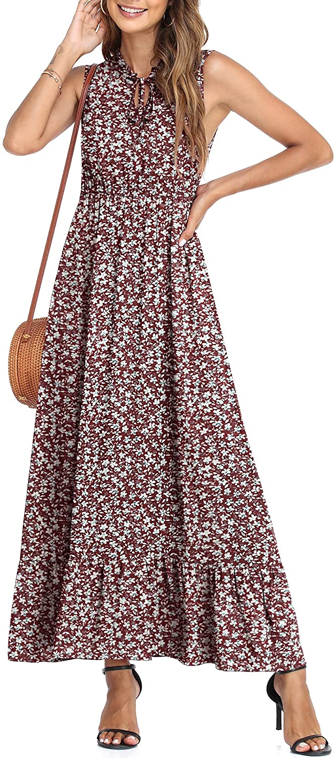 Women's Sleeveless Summer Tie Neck High Waist Casual Boho Dress Floral Print Ruffle Hem Long Beach Maxi Dresses