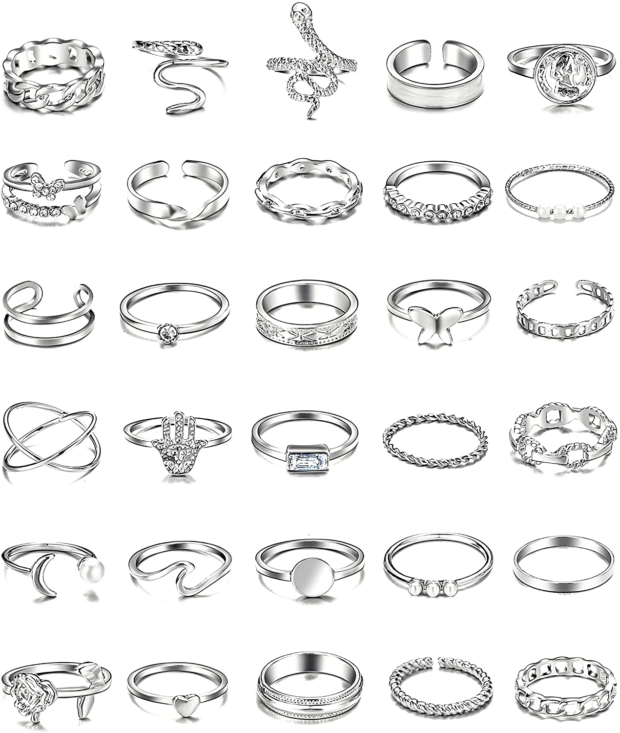 30 Pcs Vintage Gold Knuckle Rings Set, Boho Butterfly Snake Stackable Finger Rings for Women Girls, Silver Midi Rings Pack