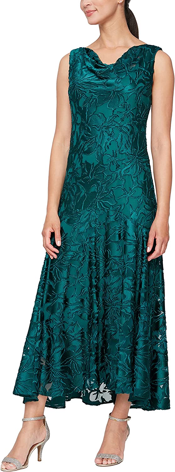 Evenings Women's Tea Length Printed Chiffon Dress with Shawl