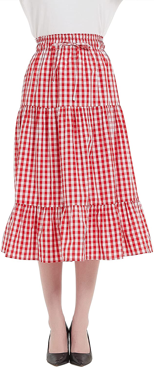 Womens A Line Long Midi Denim Skirt Tired Pleated Layers Elastic Waist Front Drawstring