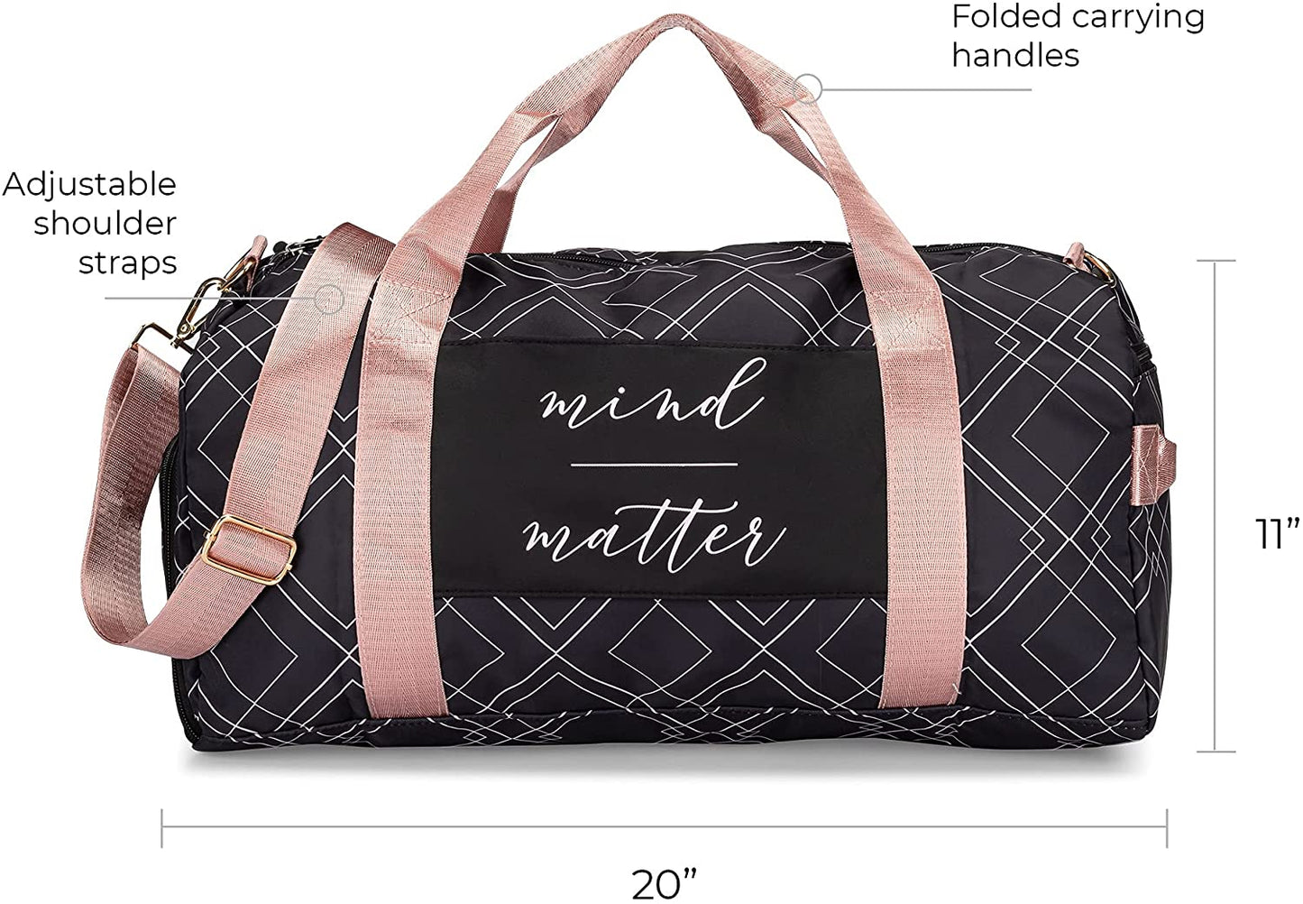 Bag for Women with Shoe Compartment and Wet Pocket | Lightweight Gym Duffle with Motivational Quote and Graphic Designs | Great for Working Out, Travel, and Overnights | Black/Rose - Diamond