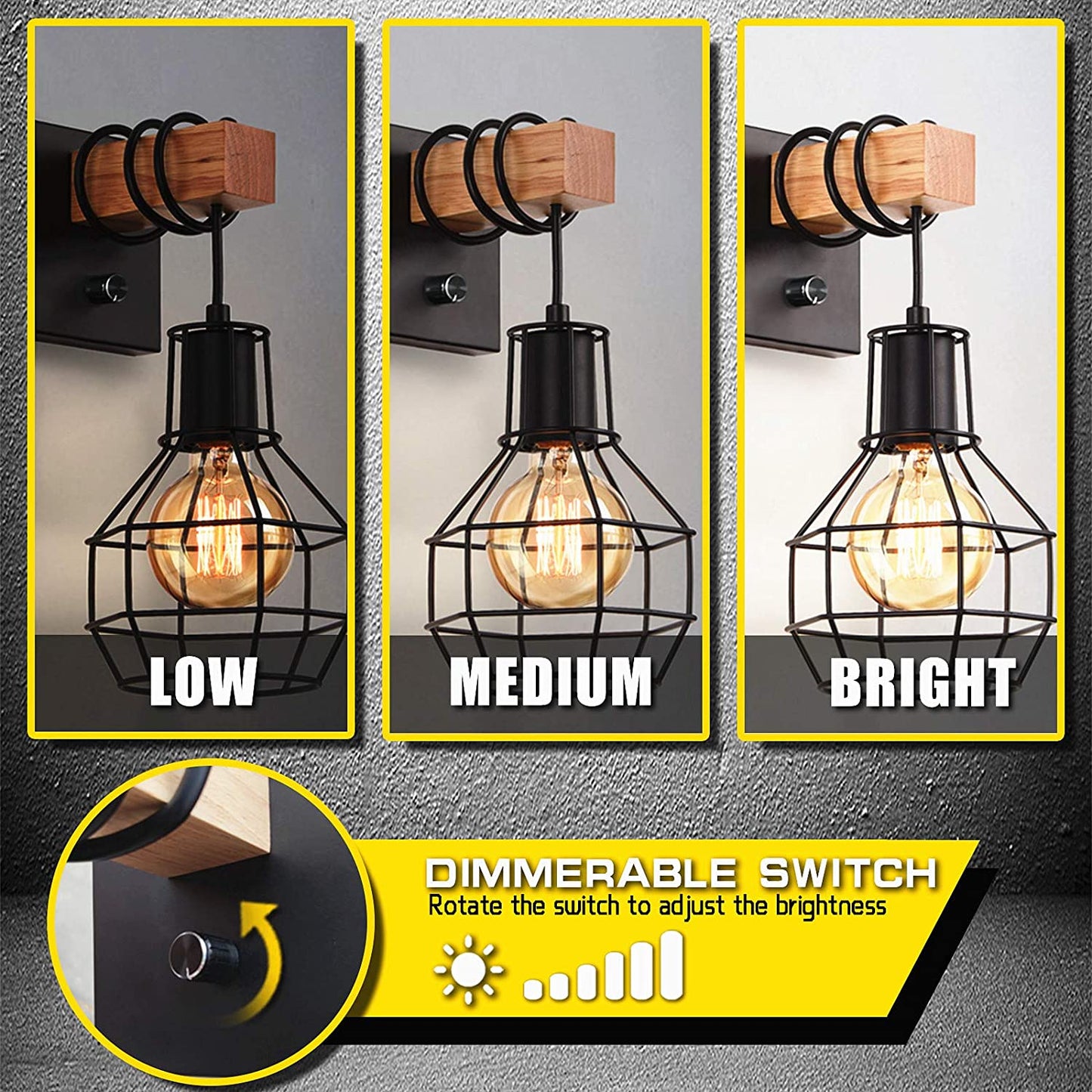 Lightess Black Wall Sconces with Dimmer ON/Off Switch, Vintage Cage Wall Mount Light Fixture Industrial Farmhouse Lighting for Living Room Kitchen, C71Y215