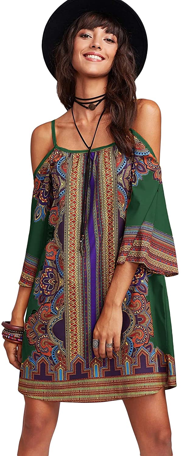 Women's Vintage Print Kimono Sleeve Geometric Tunic Boho Dress