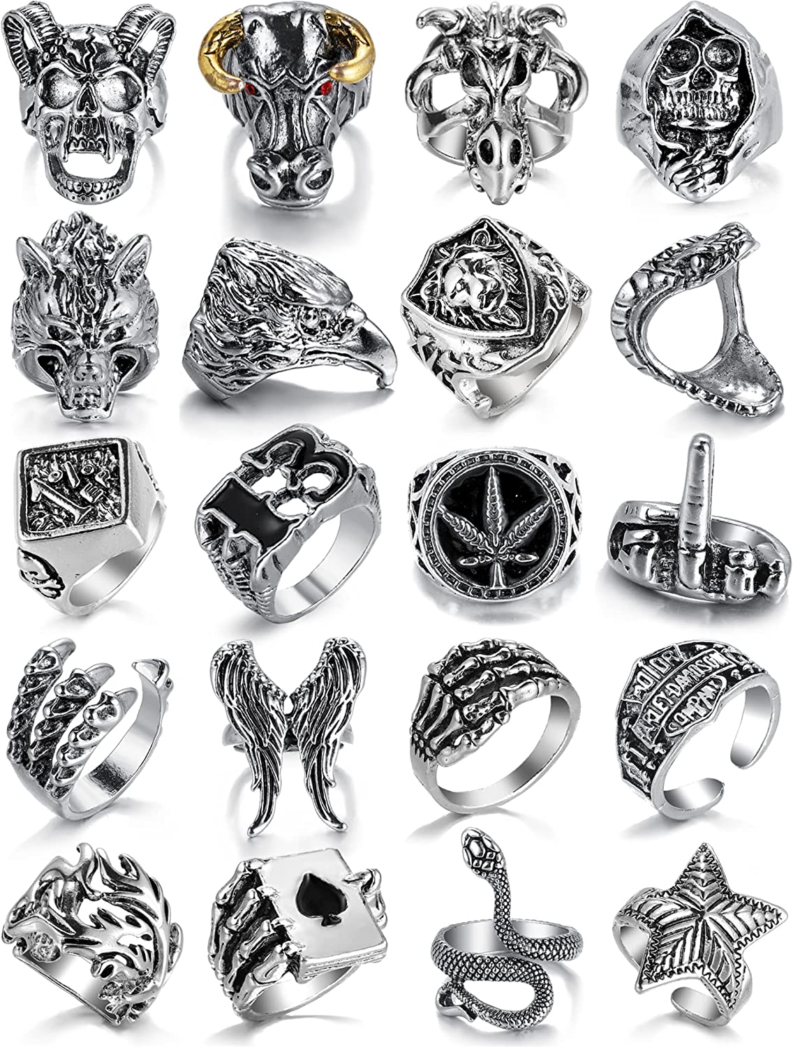 Vintage Silver Open Punk Rings for Men Women, 24PCS Adjustable Rings, Alt Rings, Chunky Silver Rings, Bulky Rings, Hippie Rings ,Cool Gothic Ring,Statement Stacking Ring, Skull Snake Star Flower Heart Eboy Emo Y2K Ring