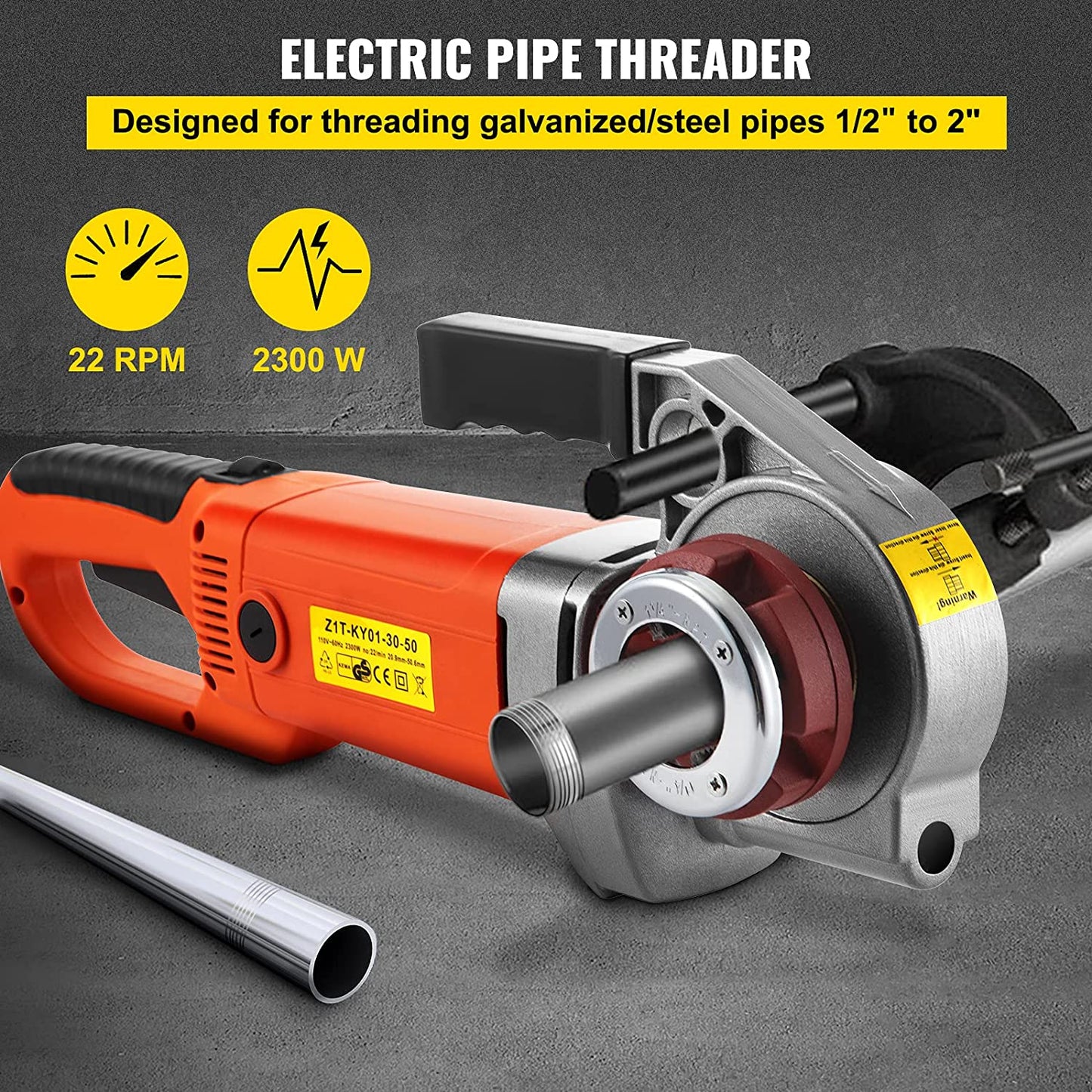 Electric Pipe Threader, 2300W Pipe Threading Machine, Heavy-Duty Hand-Held Power Drive Kit, 110V Pipe Threader Machine Copper Motor, Portable Pipe Threader with 6 Dies 1/2"-2" and Carrying Case