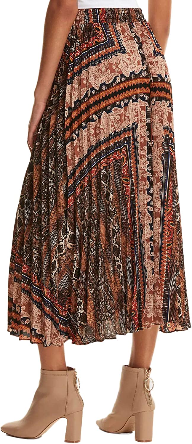 Women's Boho Elastic Waist Scarf Print Pleated Midi Skirt
