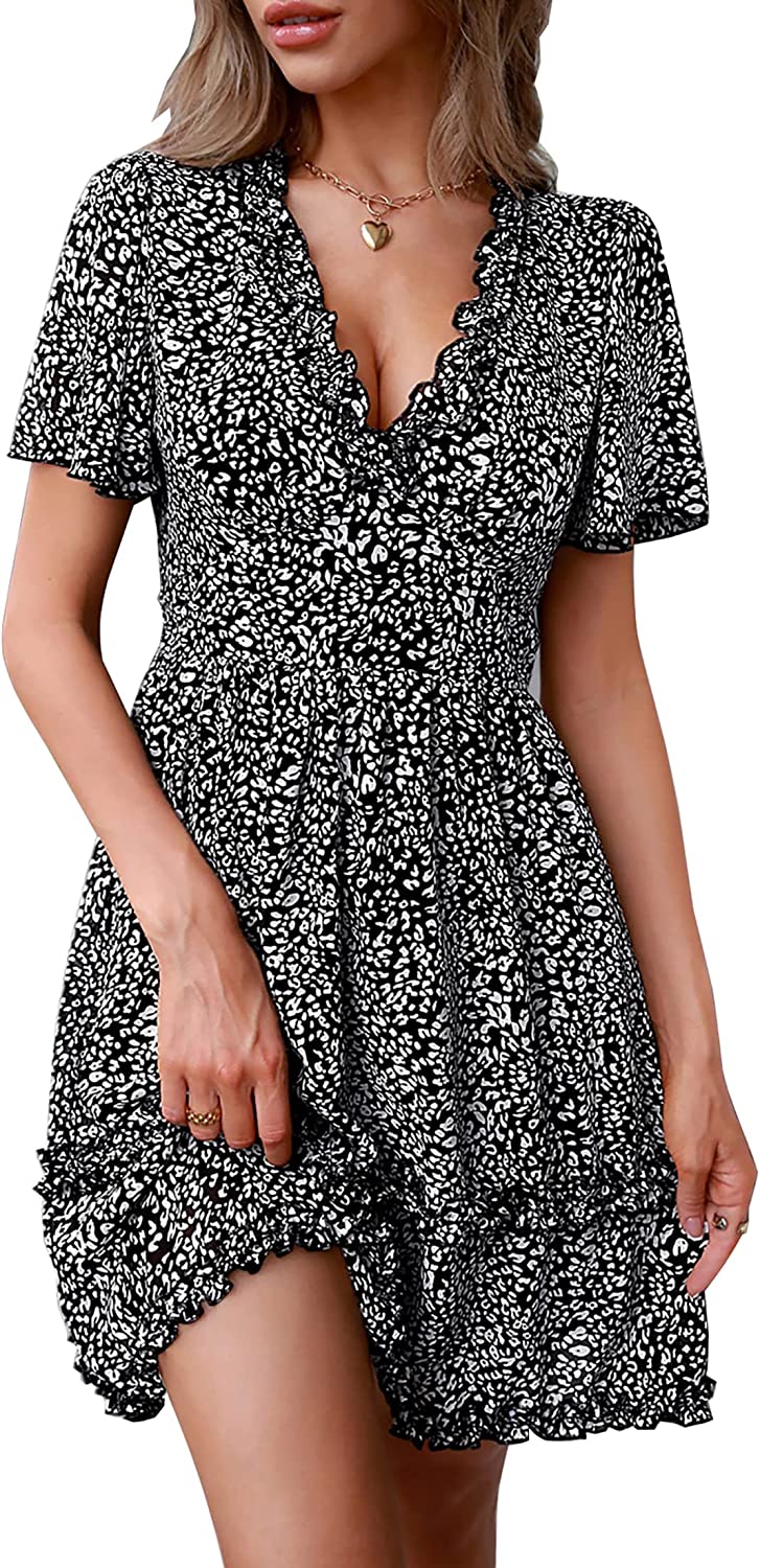 Women’s Summer Hot Short Sleeve V-Neck High Waist Floral Print Mini Boho Sun Dress with Button