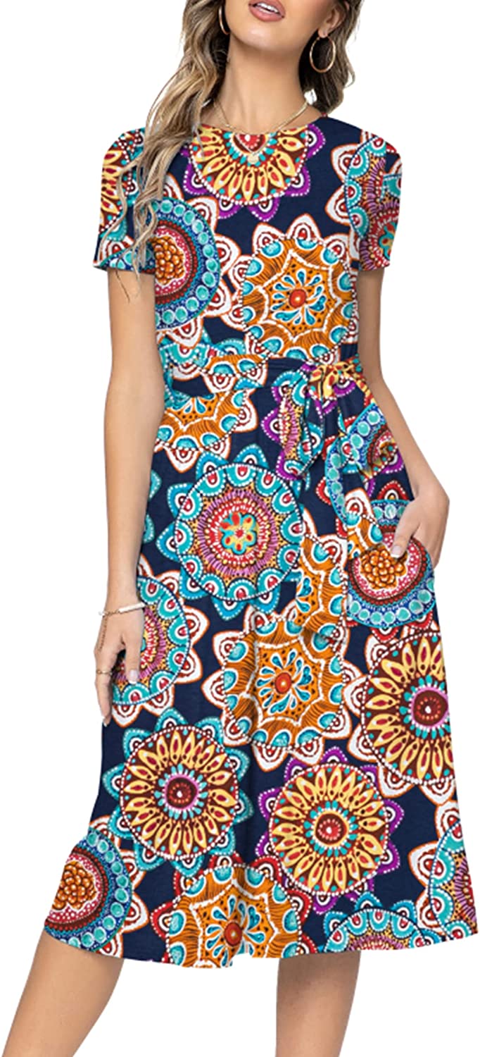Women's Short Sleeve Striped Casual Flowy Midi Belt Dress with Pockets