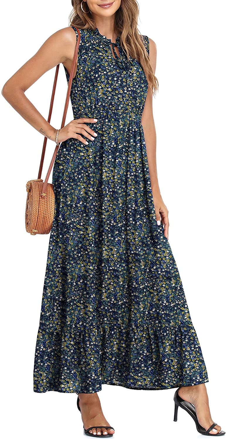 Women's Sleeveless Summer Tie Neck High Waist Casual Boho Dress Floral Print Ruffle Hem Long Beach Maxi Dresses