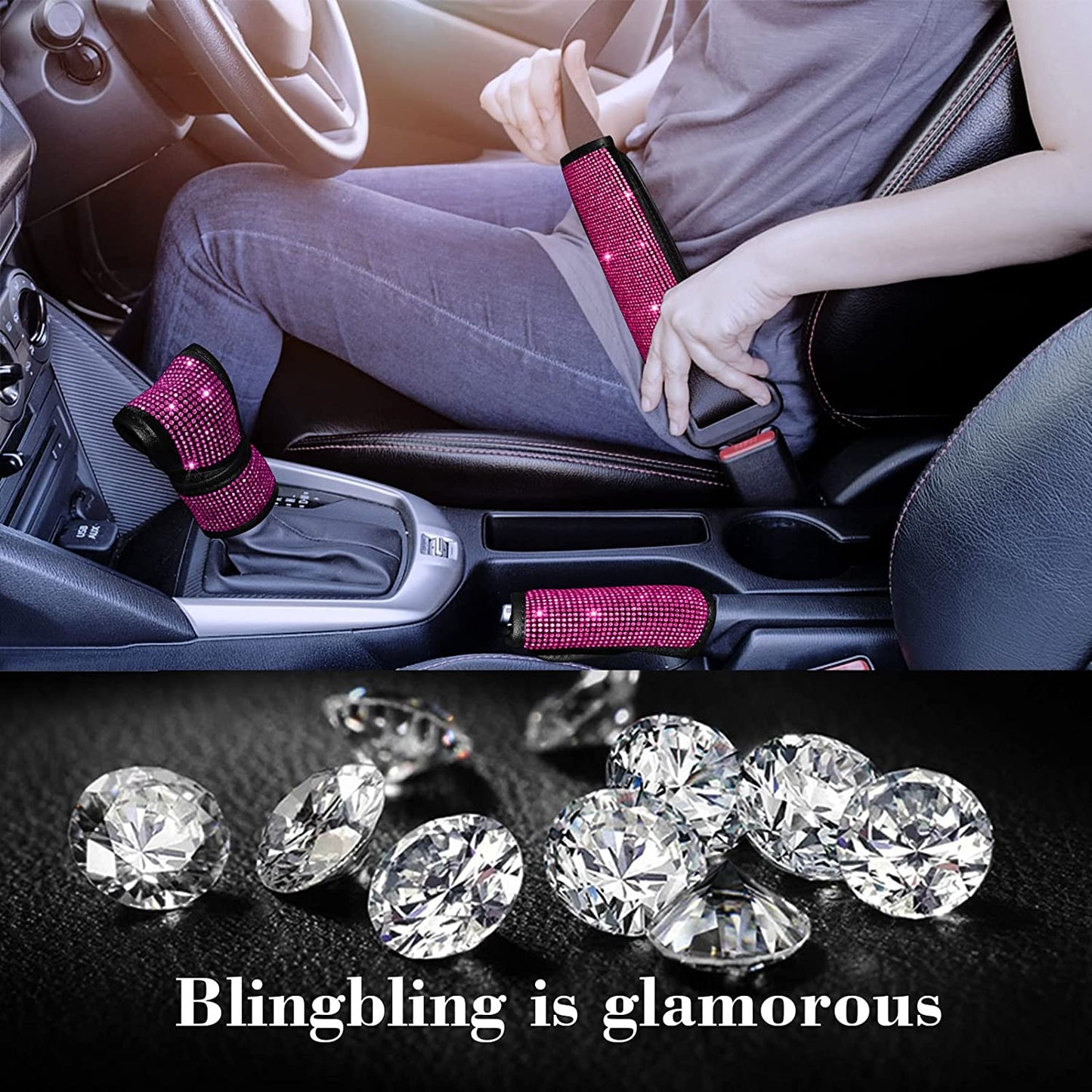 11 Pcs Bling Car Accessories Set,Bling Car Accessories Set for Women, Bling Steering Wheel Cover for Women Universal Fit 15 Inch, Rhinestone Center Console Cover (Pink)