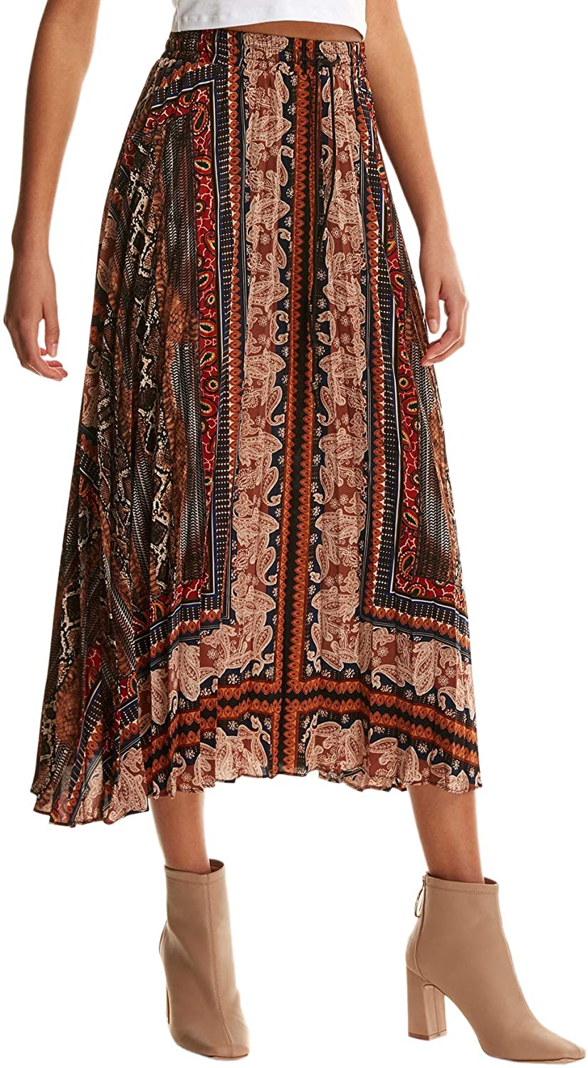 Women's Boho Elastic Waist Scarf Print Pleated Midi Skirt